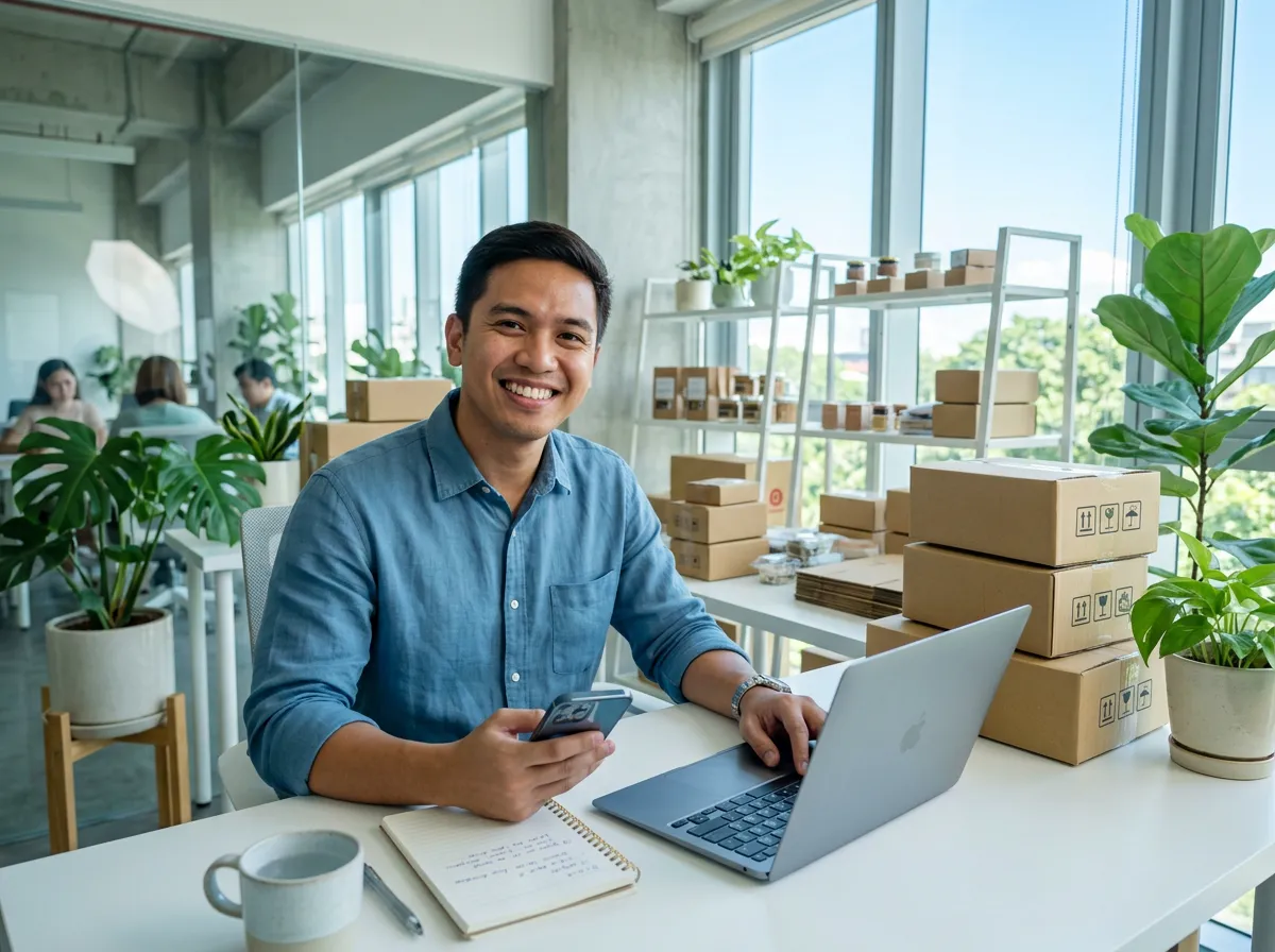 Filipino entrepreneur working late managing customer messages