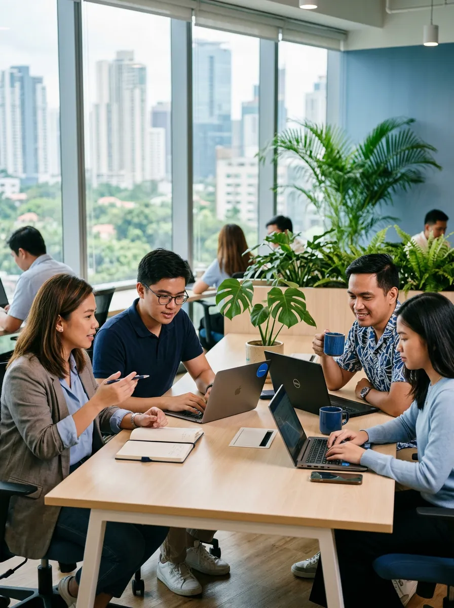 Illustration of a team collaborating in a Philippine office