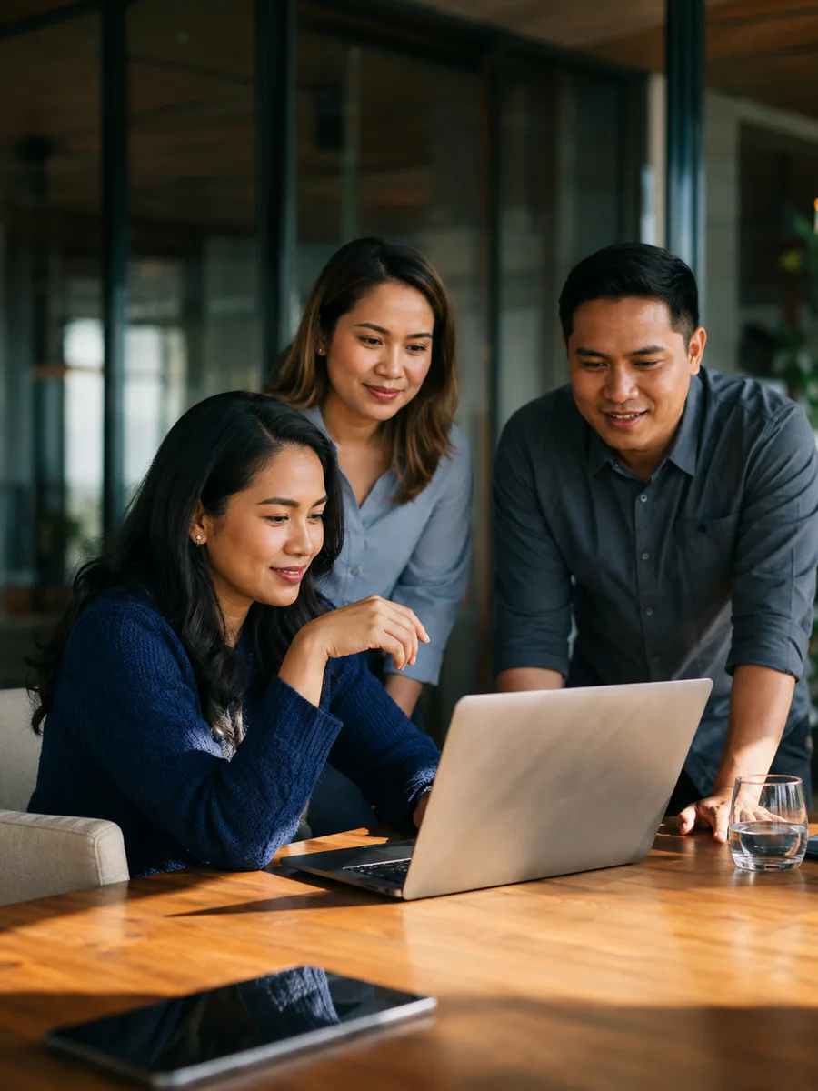 Customer operations colleagues reviewing work on a laptop in a modern office