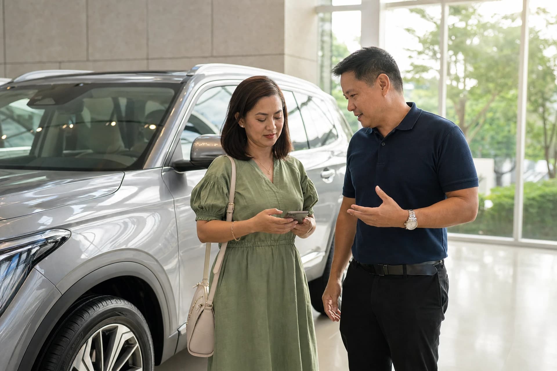 Customer and dealership adviser beside a family vehicle