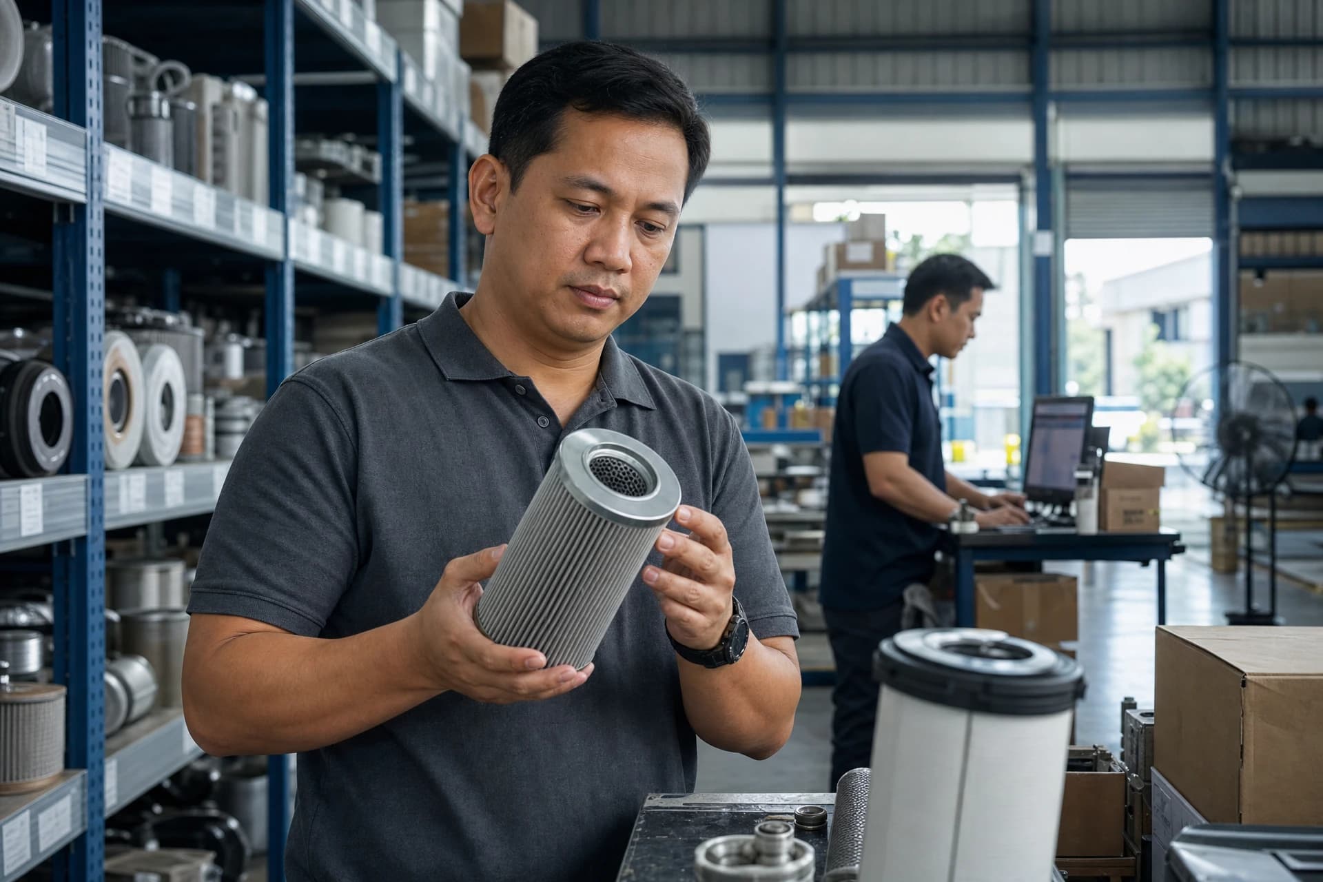 Procurement manager inspecting a filter at an industrial distributor