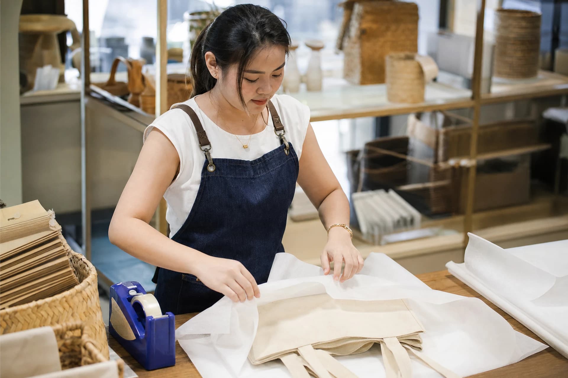 Retail fulfillment employee wrapping a tote at a packing station