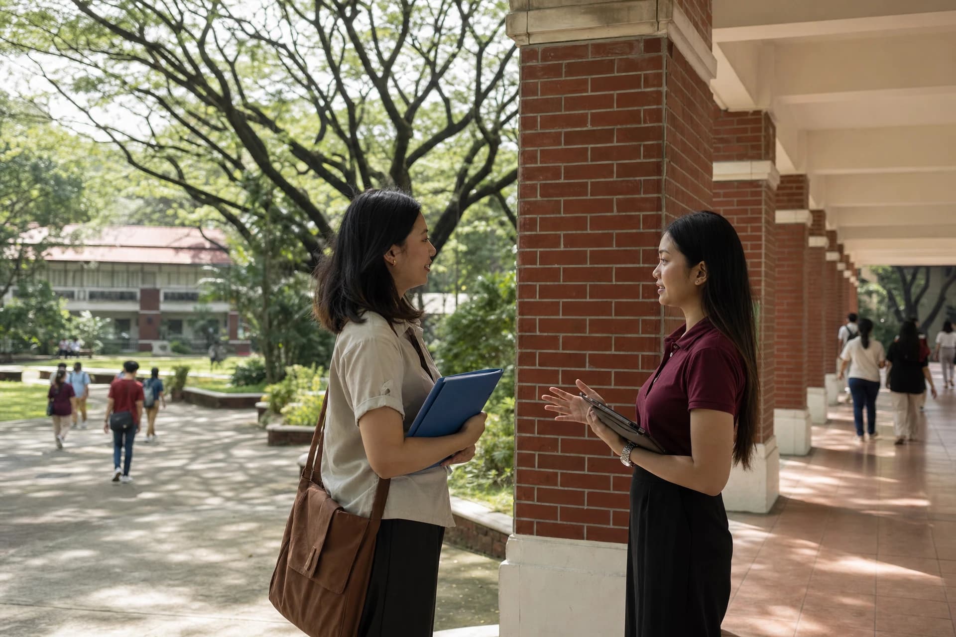 University applicant speaking with an admissions ambassador on campus