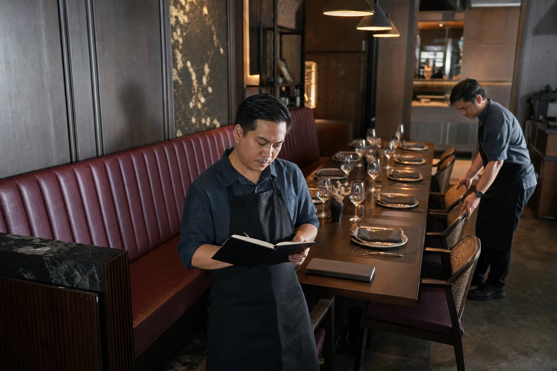 Restaurant manager checking reservations before dinner service