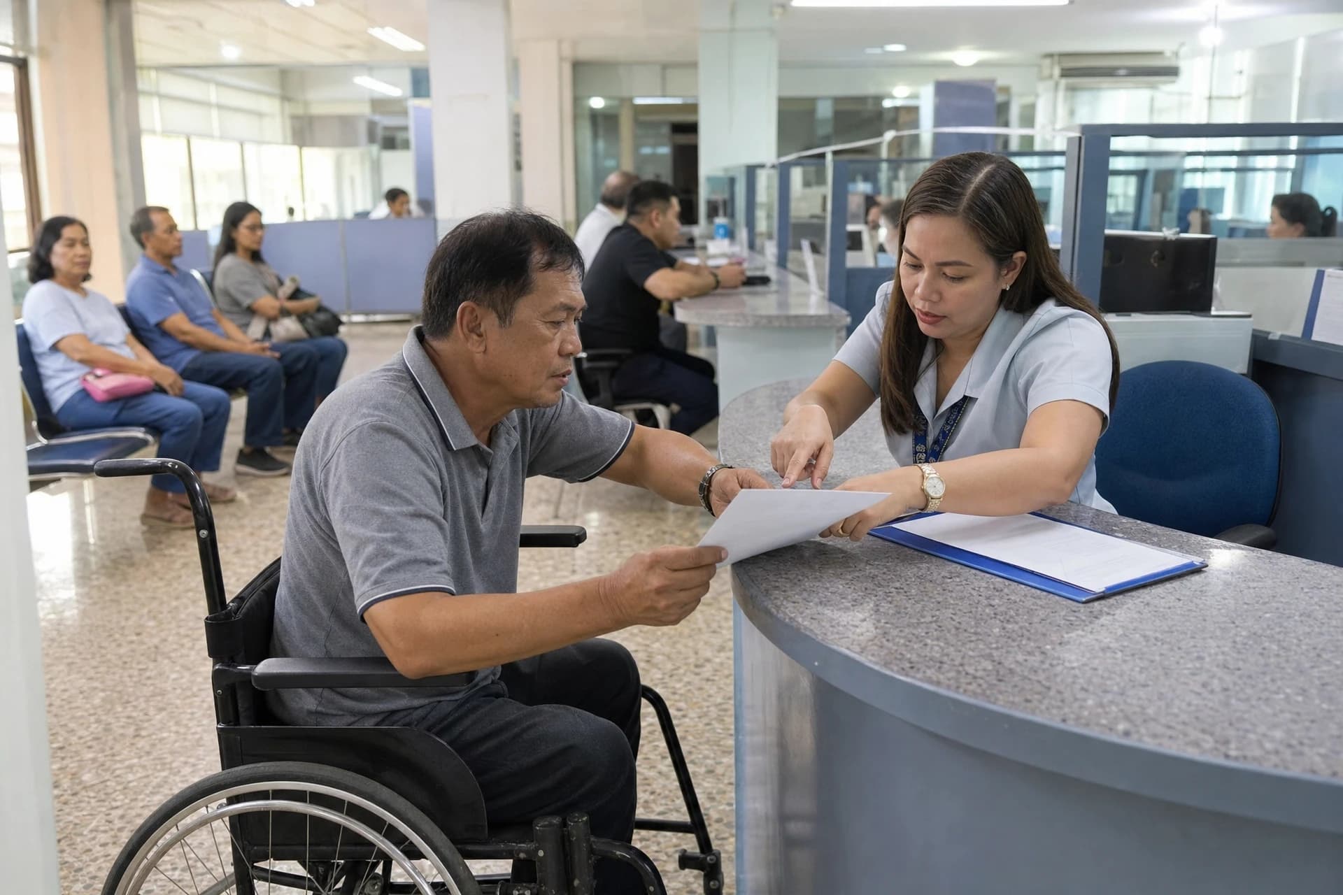 Resident reviewing a form with a municipal service officer