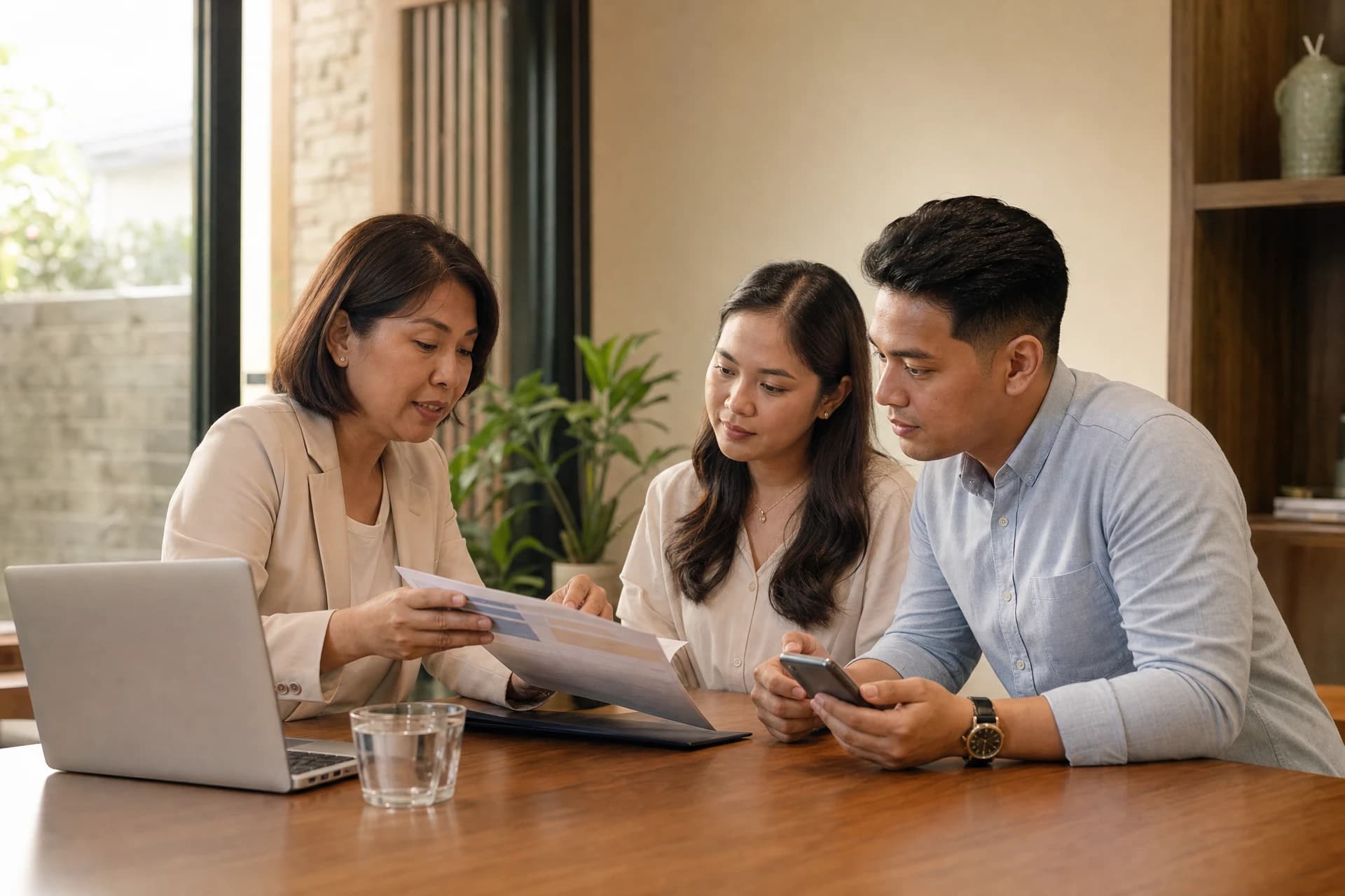 Insurance adviser discussing a product guide with a couple