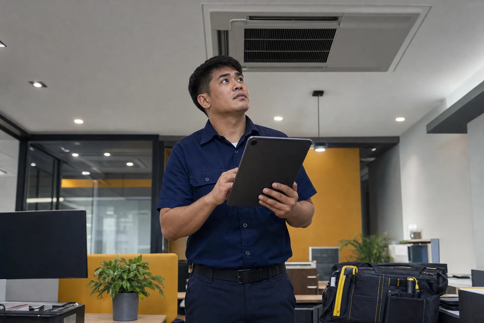 Air-conditioning specialist checking an office unit with a tablet