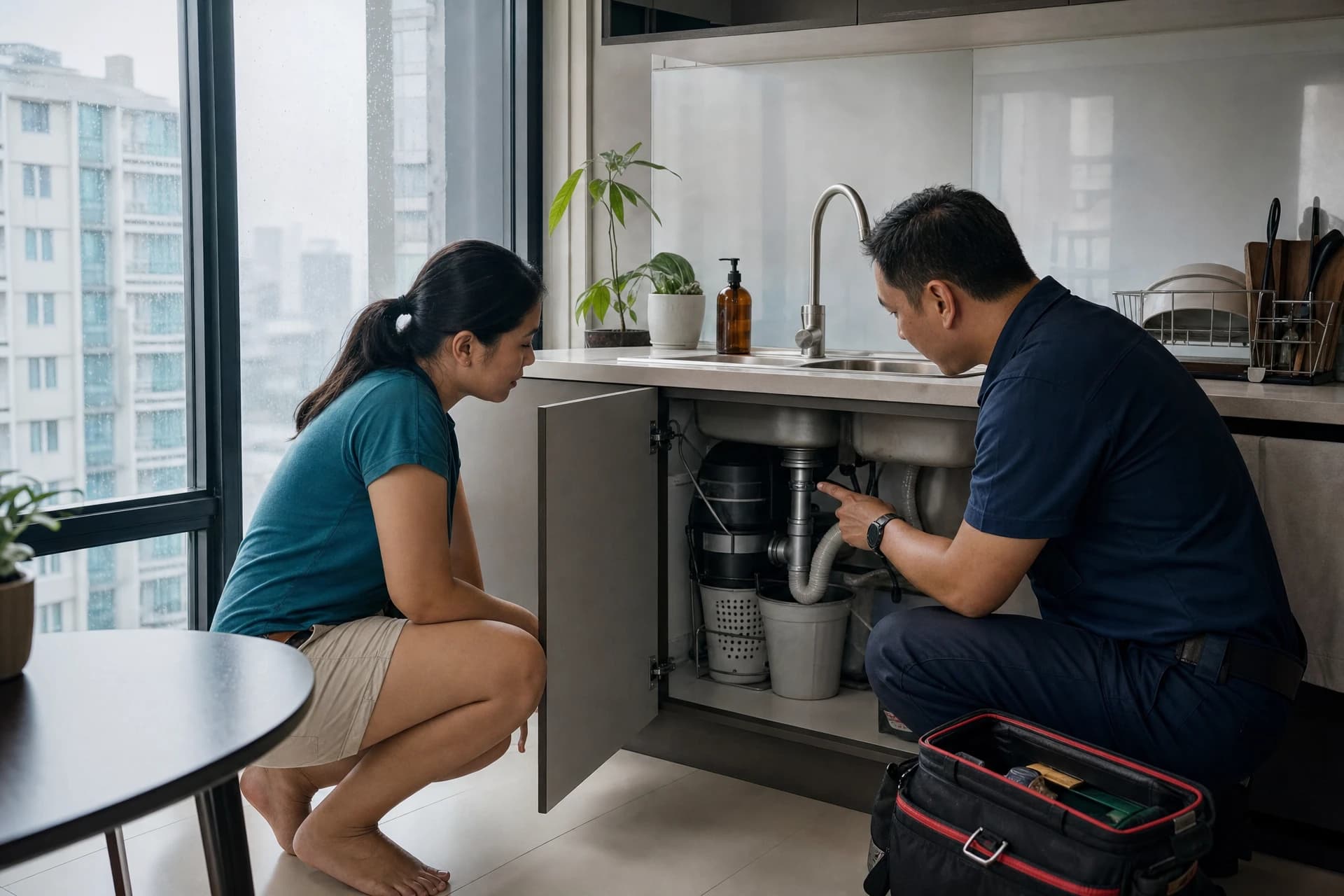 Building technician reviewing a kitchen maintenance issue with a resident