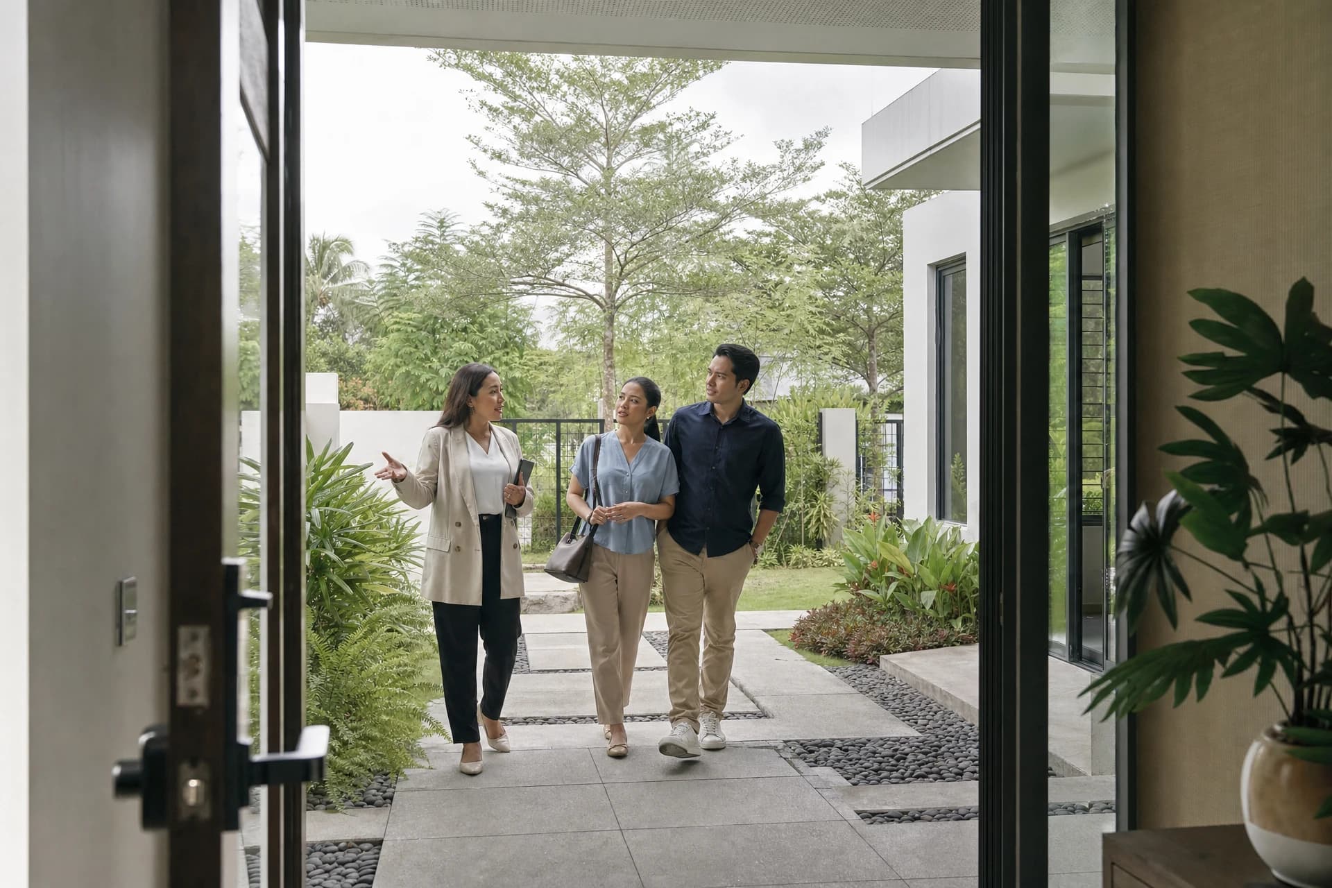 Couple viewing a contemporary Laguna home with a property adviser
