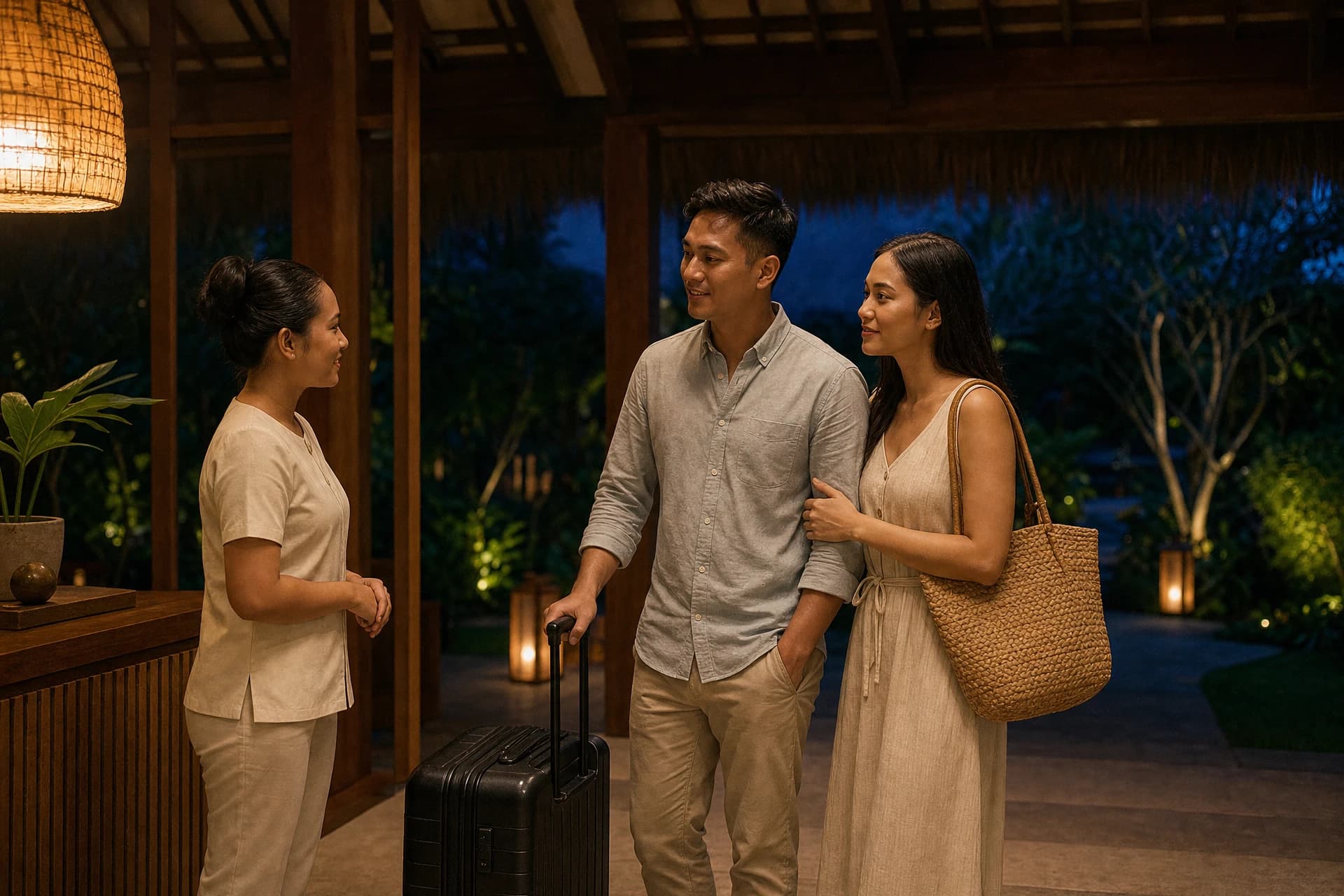 Host welcoming arriving guests at a Philippine resort in the evening